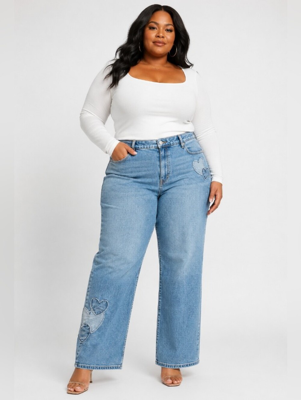 No Bo MidWash High-Rise Wide Leg Jeans with Heart Appliques Patchwork -Size:20